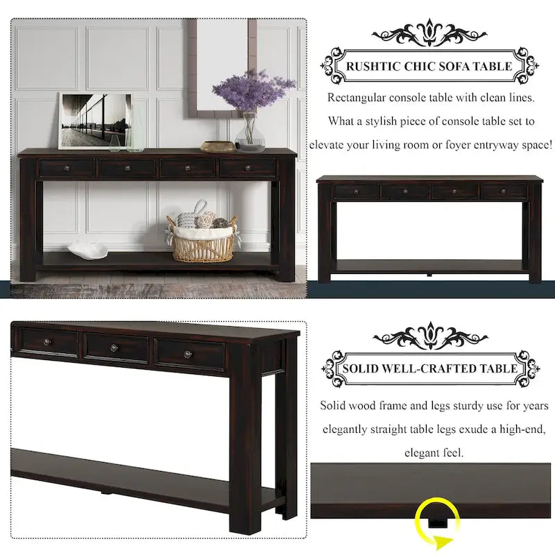63 Pine Wood Console Table with 4 Drawers and 1 Bottom Shelf