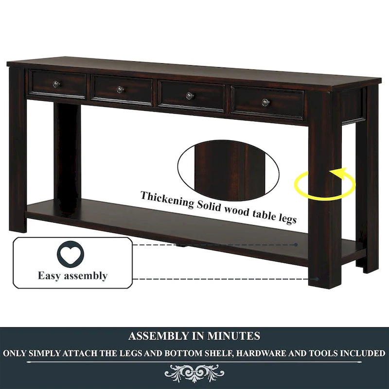 63 Pine Wood Console Table with 4 Drawers and 1 Bottom Shelf