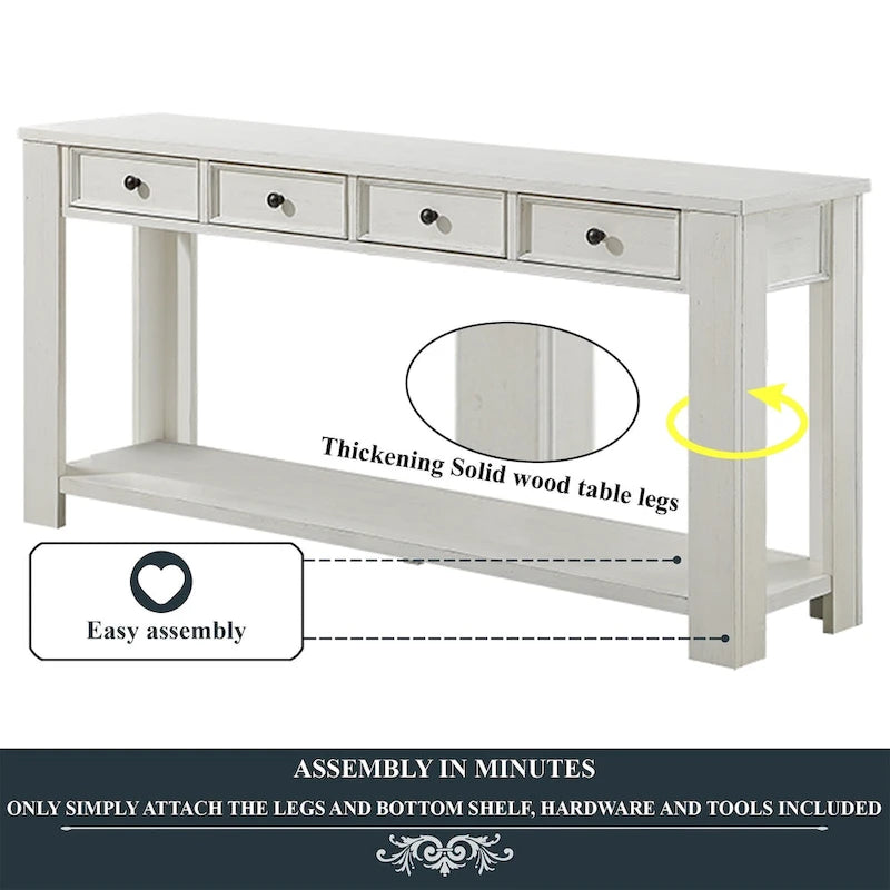 63 Pine Wood Console Table with 4 Drawers and 1 Bottom Shelf