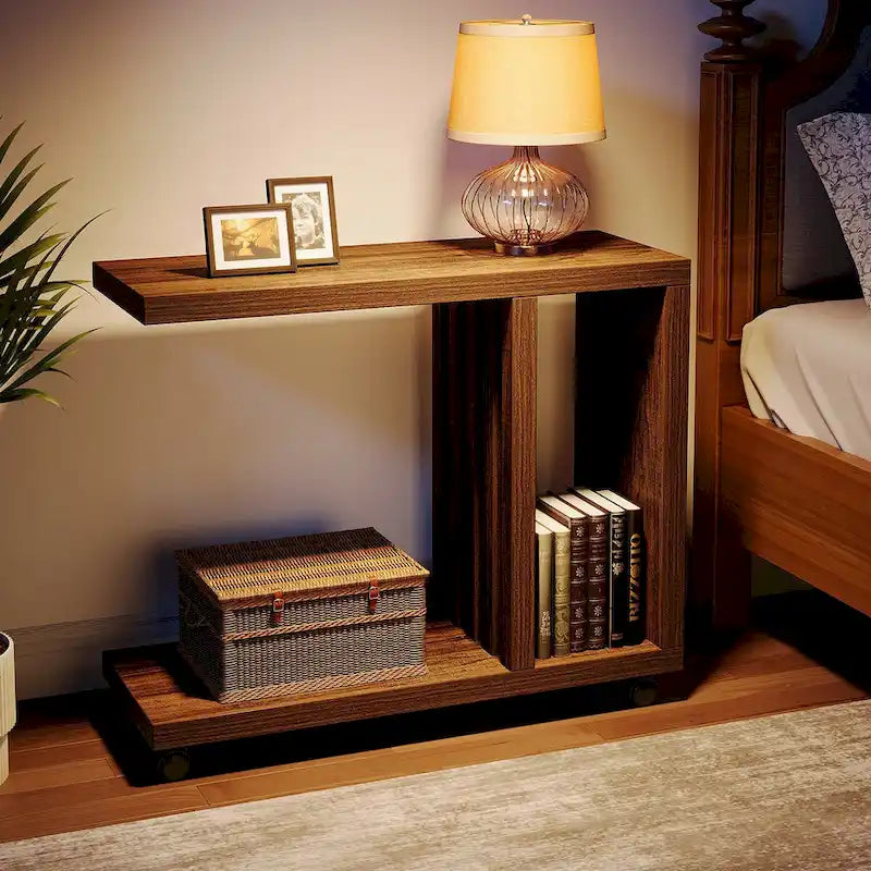 C-Shaped End Side Table for Living Room, Wooden Beside Couch Table