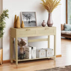 Farmhouse Rattan Console Table, 39 Sofa Tables, Wood Boho Rustic Narrow Entryway Table with Drawers and Storage Shelf
