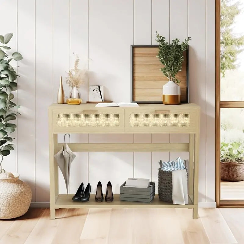 Farmhouse Rattan Console Table, 39 Sofa Tables, Wood Boho Rustic Narrow Entryway Table with Drawers and Storage Shelf