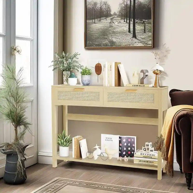 Farmhouse Rattan Console Table, 39 Sofa Tables, Wood Boho Rustic Narrow Entryway Table with Drawers and Storage Shelf