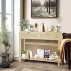 Farmhouse Rattan Console Table, 39 Sofa Tables, Wood Boho Rustic Narrow Entryway Table with Drawers and Storage Shelf