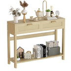 Farmhouse Rattan Console Table, 39 Sofa Tables, Wood Boho Rustic Narrow Entryway Table with Drawers and Storage Shelf
