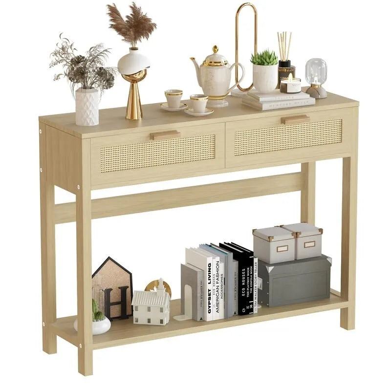 Farmhouse Rattan Console Table, 39 Sofa Tables, Wood Boho Rustic Narrow Entryway Table with Drawers and Storage Shelf