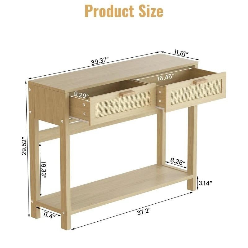 Farmhouse Rattan Console Table, 39 Sofa Tables, Wood Boho Rustic Narrow Entryway Table with Drawers and Storage Shelf