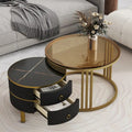 Stackable Round Coffee Table with 2 Drawers, Nesting Tables with Brown Tempered Glass and High Gloss Marble Tabletop, Set of 2