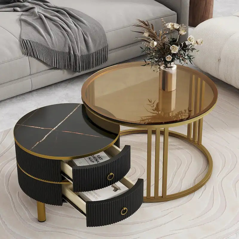 Stackable Round Coffee Table with 2 Drawers, Nesting Tables with Brown Tempered Glass and High Gloss Marble Tabletop, Set of 2