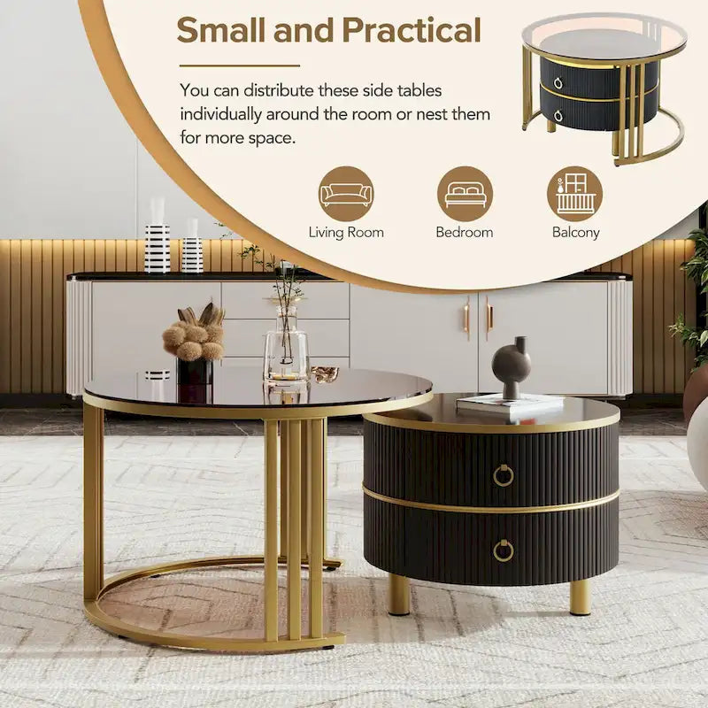 Stackable Round Coffee Table with 2 Drawers, Nesting Tables with Brown Tempered Glass and High Gloss Marble Tabletop, Set of 2
