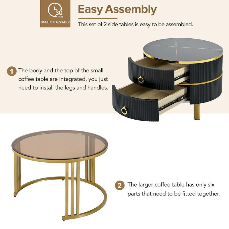 Stackable Round Coffee Table with 2 Drawers, Nesting Tables with Brown Tempered Glass and High Gloss Marble Tabletop, Set of 2
