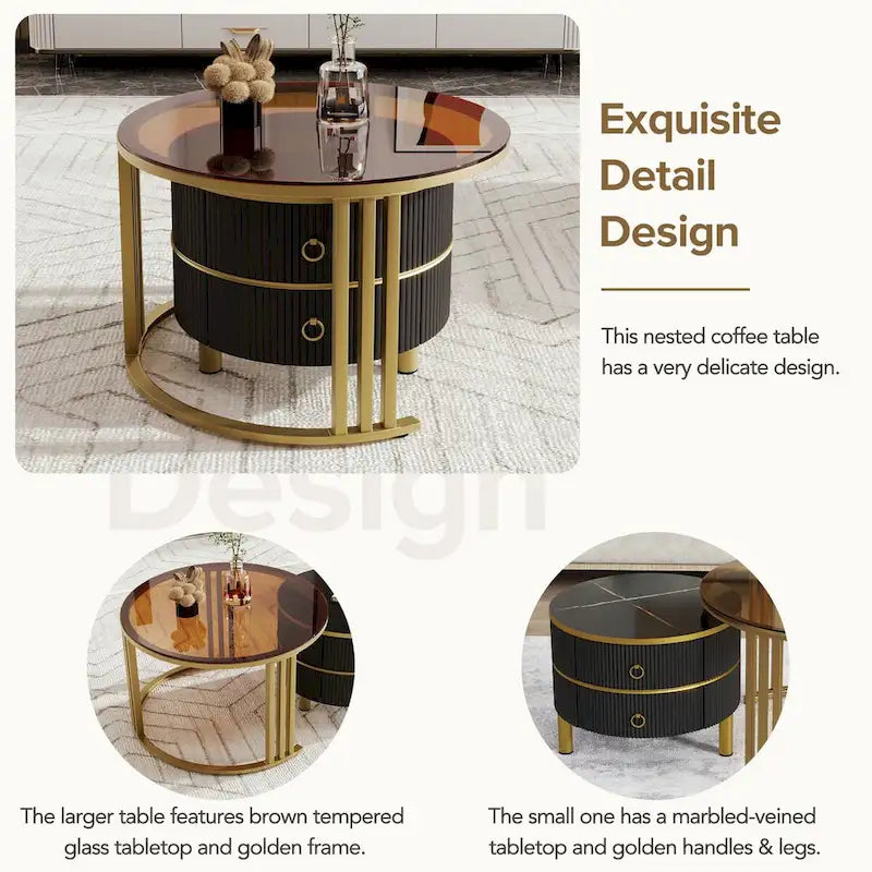 Stackable Round Coffee Table with 2 Drawers, Nesting Tables with Brown Tempered Glass and High Gloss Marble Tabletop, Set of 2