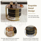 Stackable Round Coffee Table with 2 Drawers, Nesting Tables with Brown Tempered Glass and High Gloss Marble Tabletop, Set of 2