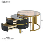 Stackable Round Coffee Table with 2 Drawers, Nesting Tables with Brown Tempered Glass and High Gloss Marble Tabletop, Set of 2