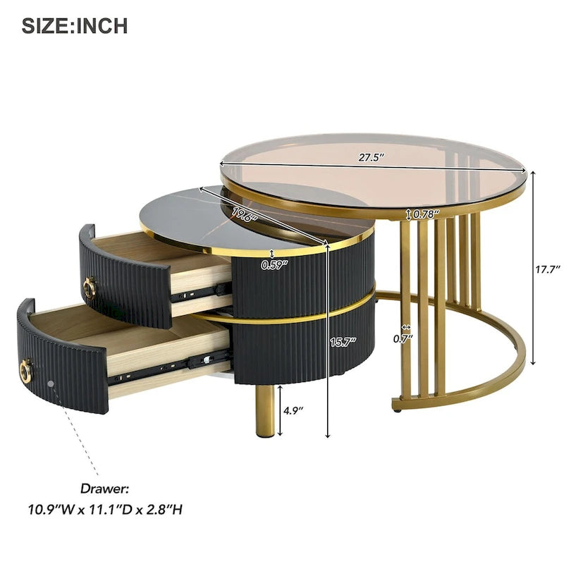Stackable Round Coffee Table with 2 Drawers, Nesting Tables with Brown Tempered Glass and High Gloss Marble Tabletop, Set of 2
