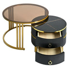Stackable Round Coffee Table with 2 Drawers, Nesting Tables with Brown Tempered Glass and High Gloss Marble Tabletop, Set of 2