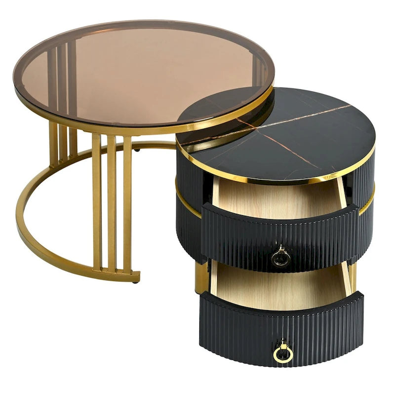 Stackable Round Coffee Table with 2 Drawers, Nesting Tables with Brown Tempered Glass and High Gloss Marble Tabletop, Set of 2