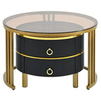 Stackable Round Coffee Table with 2 Drawers, Nesting Tables with Brown Tempered Glass and High Gloss Marble Tabletop, Set of 2