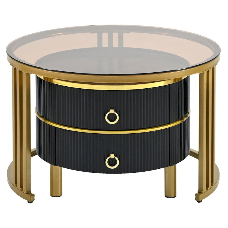 Stackable Round Coffee Table with 2 Drawers, Nesting Tables with Brown Tempered Glass and High Gloss Marble Tabletop, Set of 2