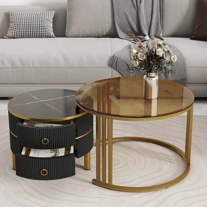 Stackable Round Coffee Table with 2 Drawers, Nesting Tables with Brown Tempered Glass and High Gloss Marble Tabletop, Set of 2