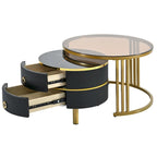 Stackable Round Coffee Table with 2 Drawers, Nesting Tables with Brown Tempered Glass and High Gloss Marble Tabletop, Set of 2