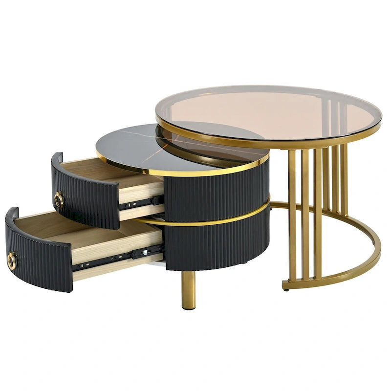 Stackable Round Coffee Table with 2 Drawers, Nesting Tables with Brown Tempered Glass and High Gloss Marble Tabletop, Set of 2