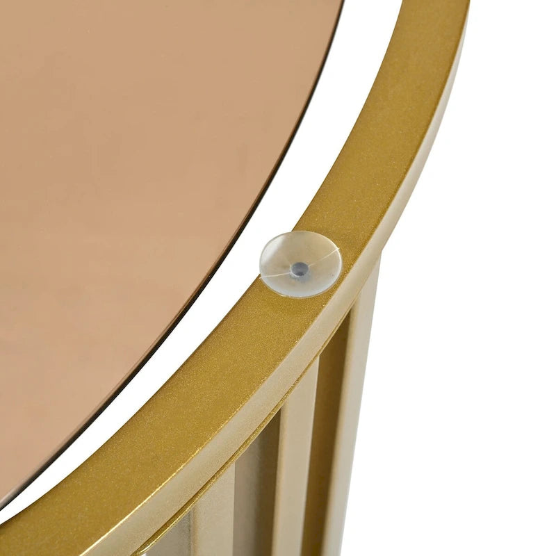 Stackable Round Coffee Table with 2 Drawers, Nesting Tables with Brown Tempered Glass and High Gloss Marble Tabletop, Set of 2