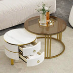 Stackable Round Coffee Table with 2 Drawers, Nesting Tables with Brown Tempered Glass and High Gloss Marble Tabletop, Set of 2
