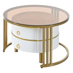 Stackable Round Coffee Table with 2 Drawers, Nesting Tables with Brown Tempered Glass and High Gloss Marble Tabletop, Set of 2