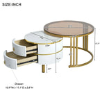 Stackable Round Coffee Table with 2 Drawers, Nesting Tables with Brown Tempered Glass and High Gloss Marble Tabletop, Set of 2