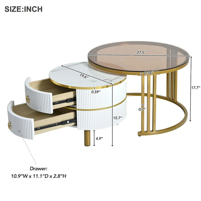 Stackable Round Coffee Table with 2 Drawers, Nesting Tables with Brown Tempered Glass and High Gloss Marble Tabletop, Set of 2