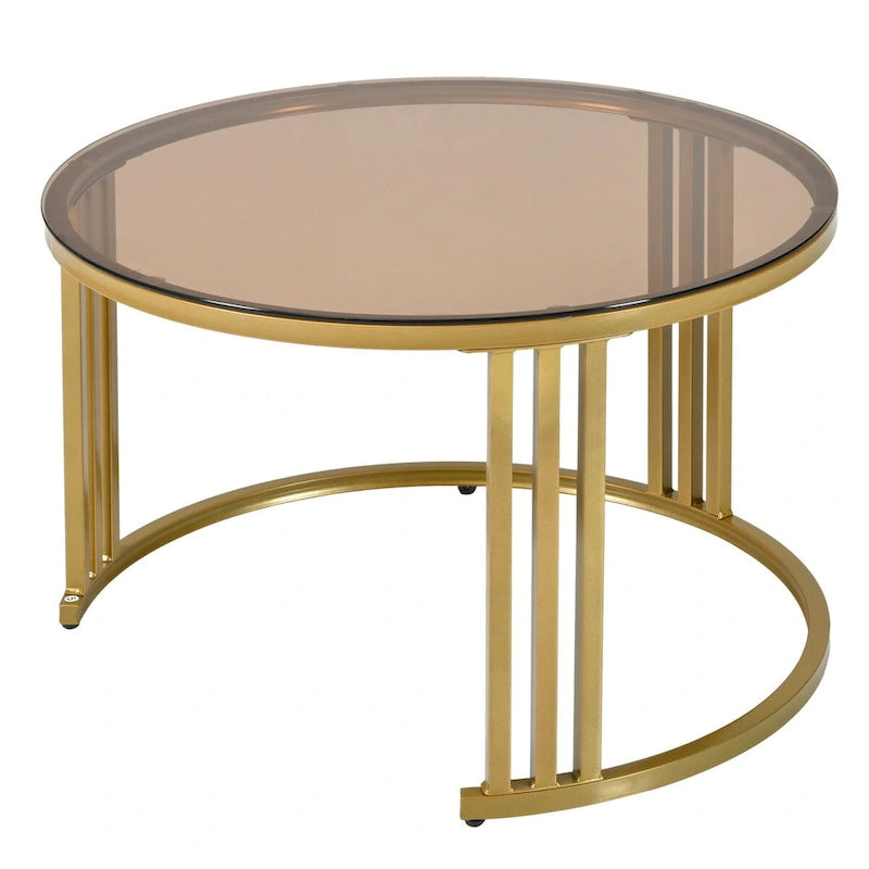 Stackable Round Coffee Table with 2 Drawers, Nesting Tables with Brown Tempered Glass and High Gloss Marble Tabletop, Set of 2