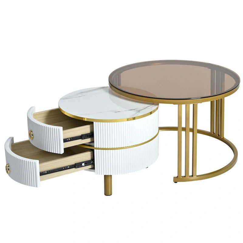 Stackable Round Coffee Table with 2 Drawers, Nesting Tables with Brown Tempered Glass and High Gloss Marble Tabletop, Set of 2