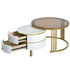 Stackable Round Coffee Table with 2 Drawers, Nesting Tables with Brown Tempered Glass and High Gloss Marble Tabletop, Set of 2