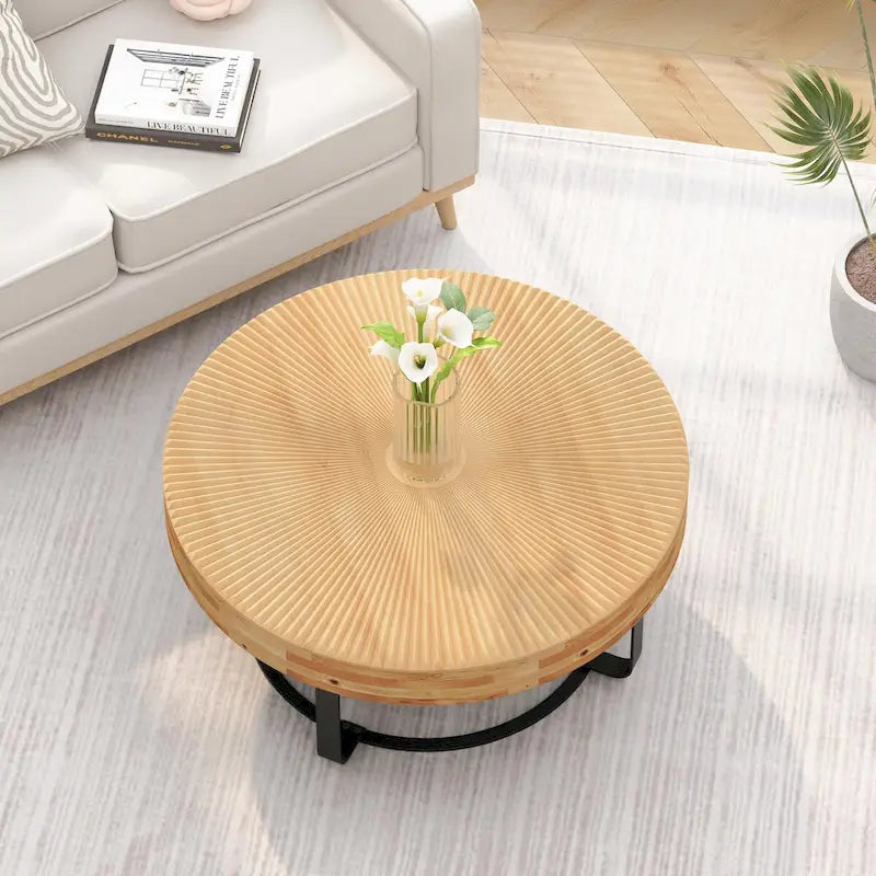 Modern Round Coffee Table with Wooden Carving Pattern and Metal Legs