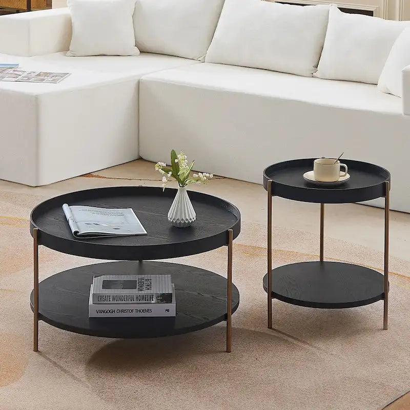 Set of 2 Modern 2 Tier Round Nesting Storage Coffee Table Set for Living Room