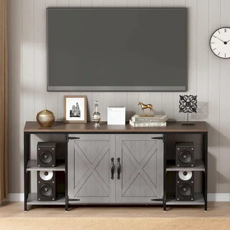 58 Inch Farmhouse TV Stand for up to 65 TV with Doors and Open Shelves