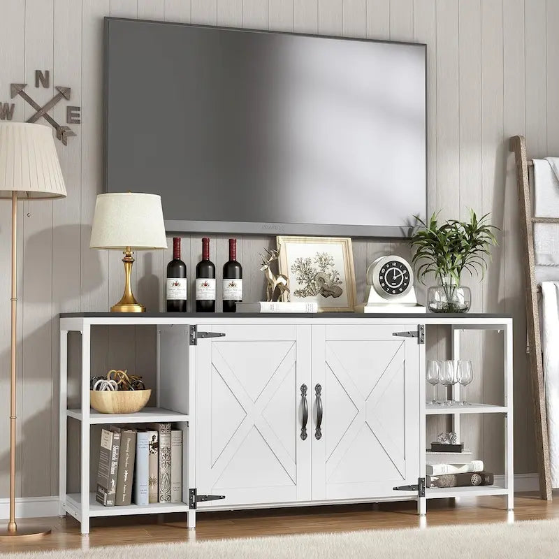 58 Inch Farmhouse TV Stand for up to 65 TV with Doors and Open Shelves