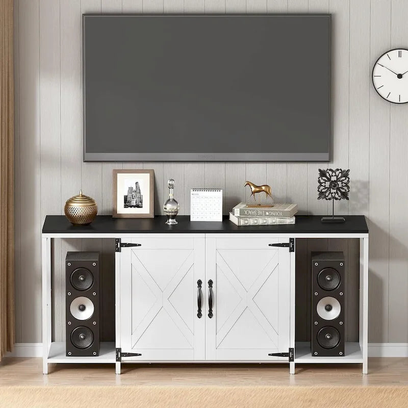 58 Inch Farmhouse TV Stand for up to 65 TV with Doors and Open Shelves