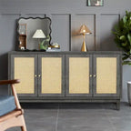 Wood Sideboard Cabinet with 4 Rattan Doors and Adjustable Shelves