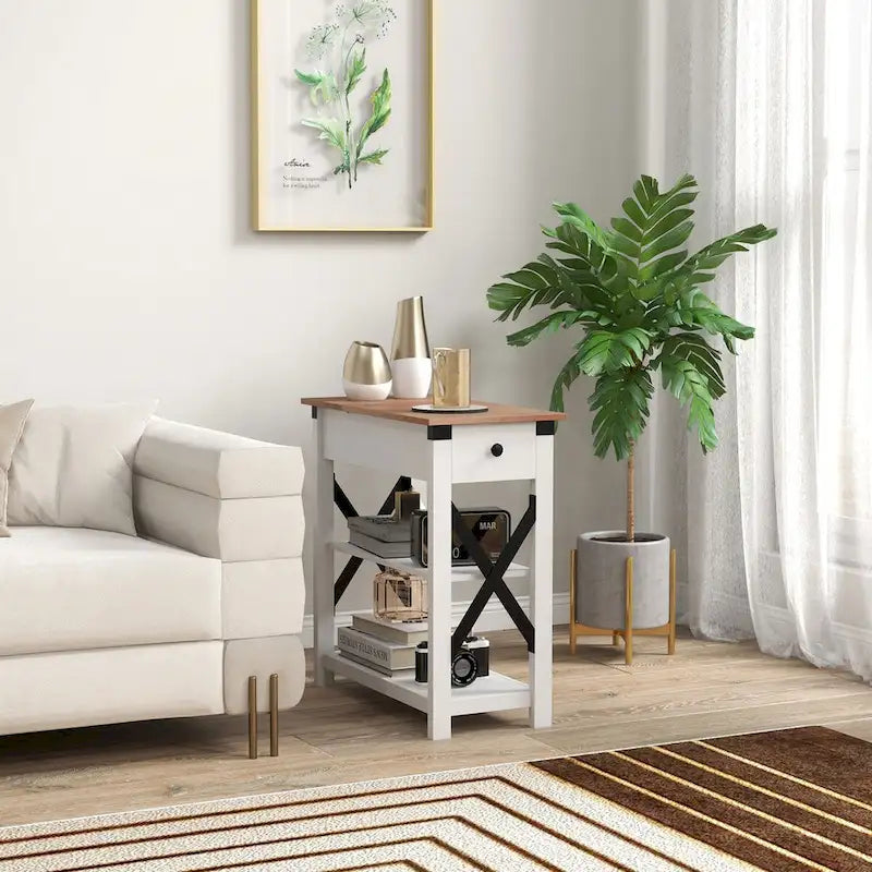 1-Drawer Side Table with 2 USB Ports, 1 Outlet and Shelves