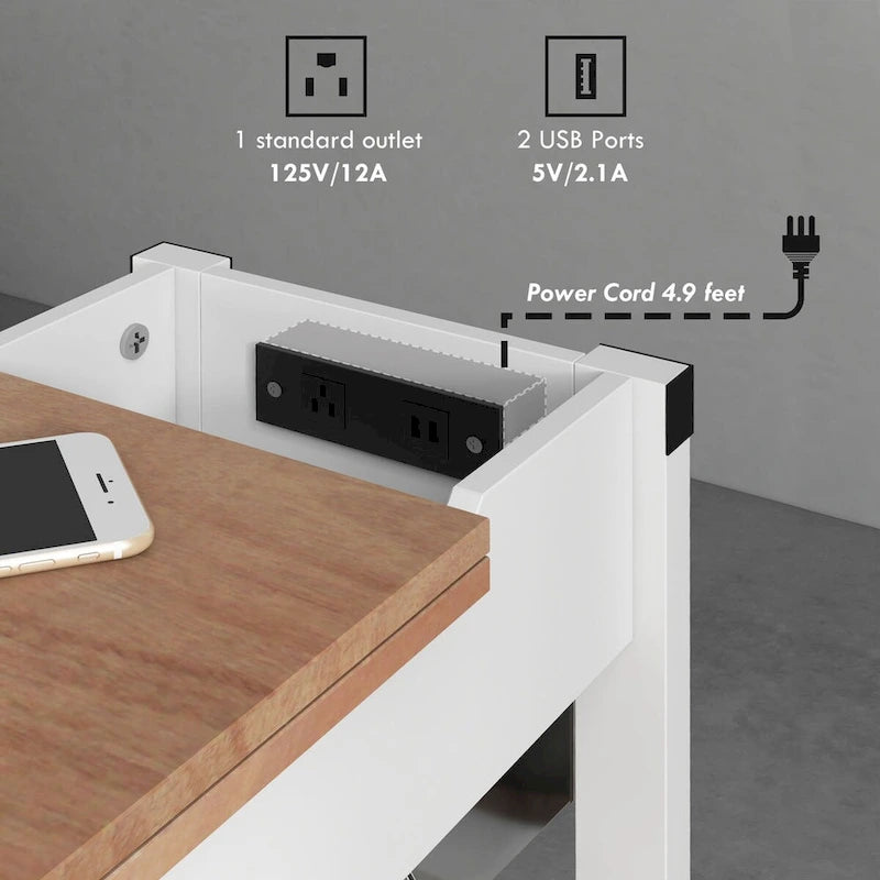1-Drawer Side Table with 2 USB Ports, 1 Outlet and Shelves