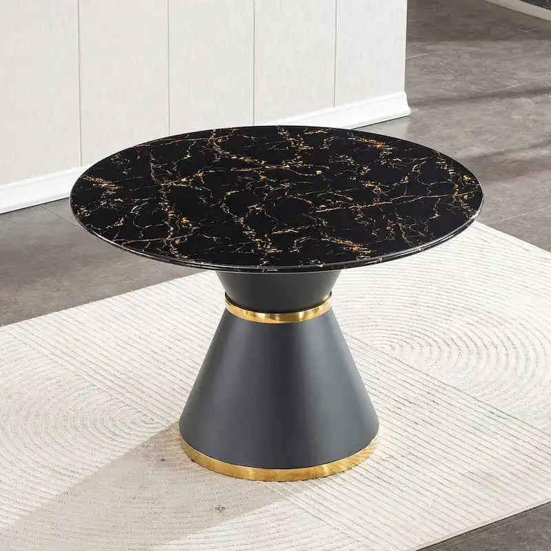 Black Marble Printed MDF Round Dining Table, Black Columnar Base with Gold Annulus(Not Including Chairs)