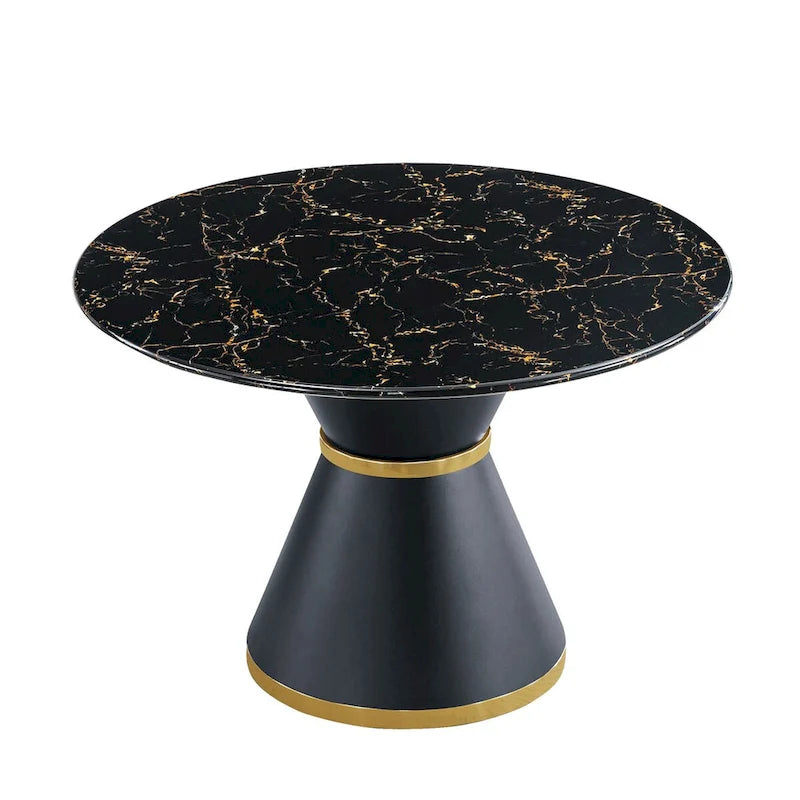 Black Marble Printed MDF Round Dining Table, Black Columnar Base with Gold Annulus(Not Including Chairs)