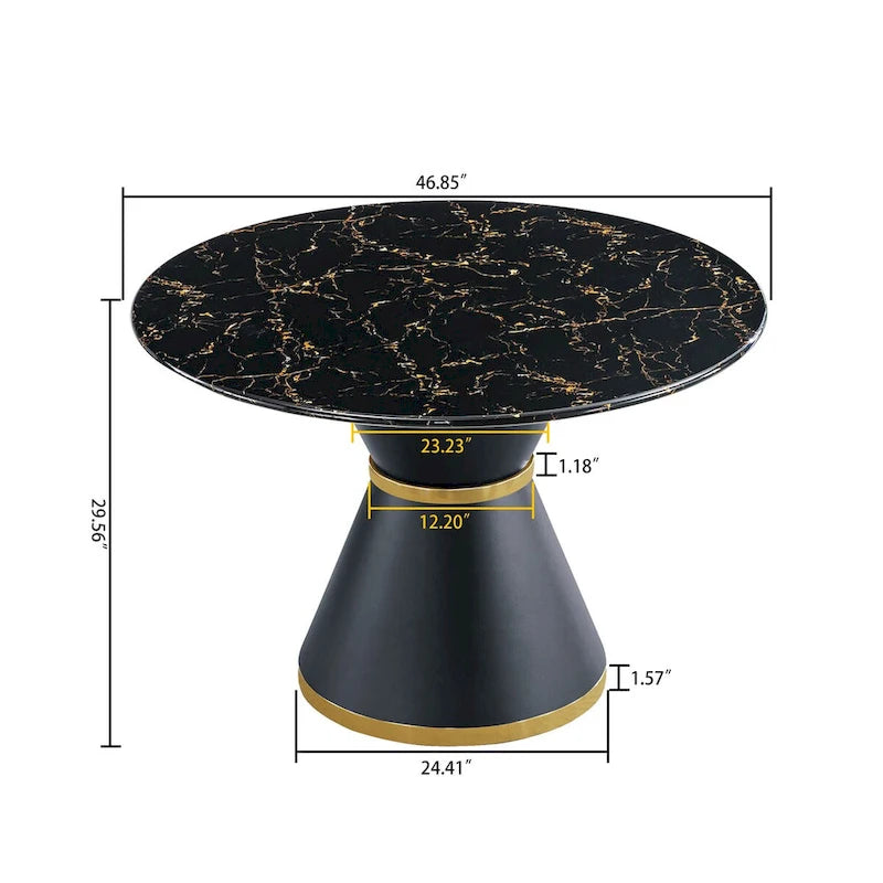 Black Marble Printed MDF Round Dining Table, Black Columnar Base with Gold Annulus(Not Including Chairs)