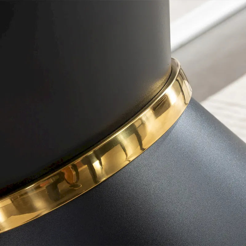 Black Marble Printed MDF Round Dining Table, Black Columnar Base with Gold Annulus(Not Including Chairs)