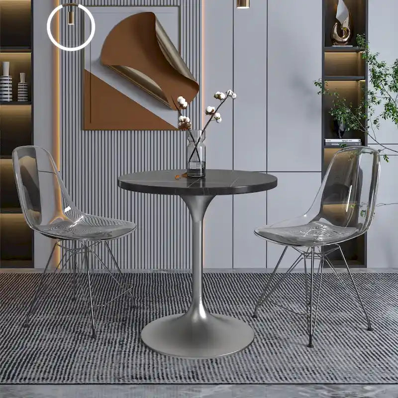 LeisureMod Verve 27 Round Dining Table with Stone TableTop and Brushed Chrome Base for Kitchen & Dining Room