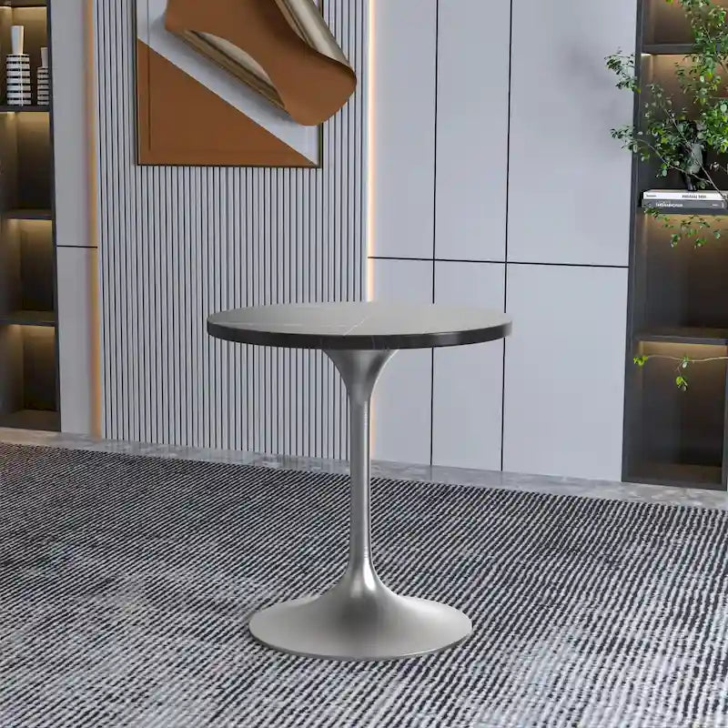 LeisureMod Verve 27 Round Dining Table with Stone TableTop and Brushed Chrome Base for Kitchen & Dining Room