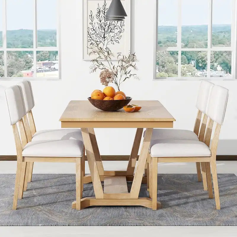 Rustic 5-Piece Dining Set - Solid Wood Table with Trestle Base, 59-inch Rectangular Dining Table and 4 Upholstered Chairs