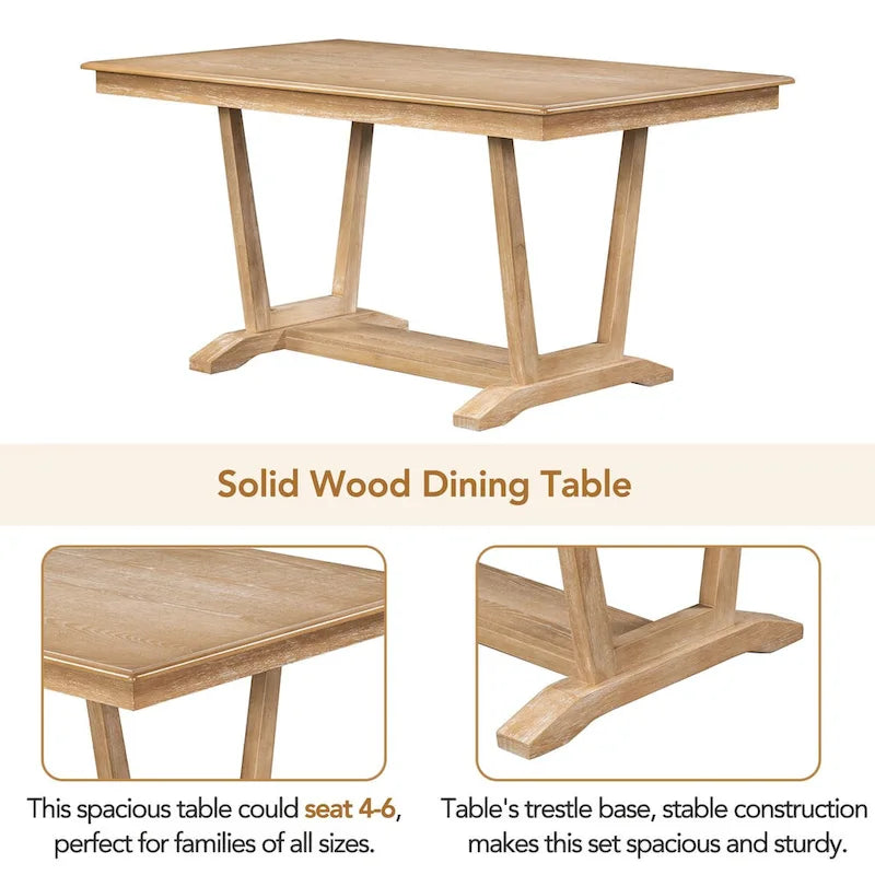 Rustic 5-Piece Dining Set - Solid Wood Table with Trestle Base, 59-inch Rectangular Dining Table and 4 Upholstered Chairs